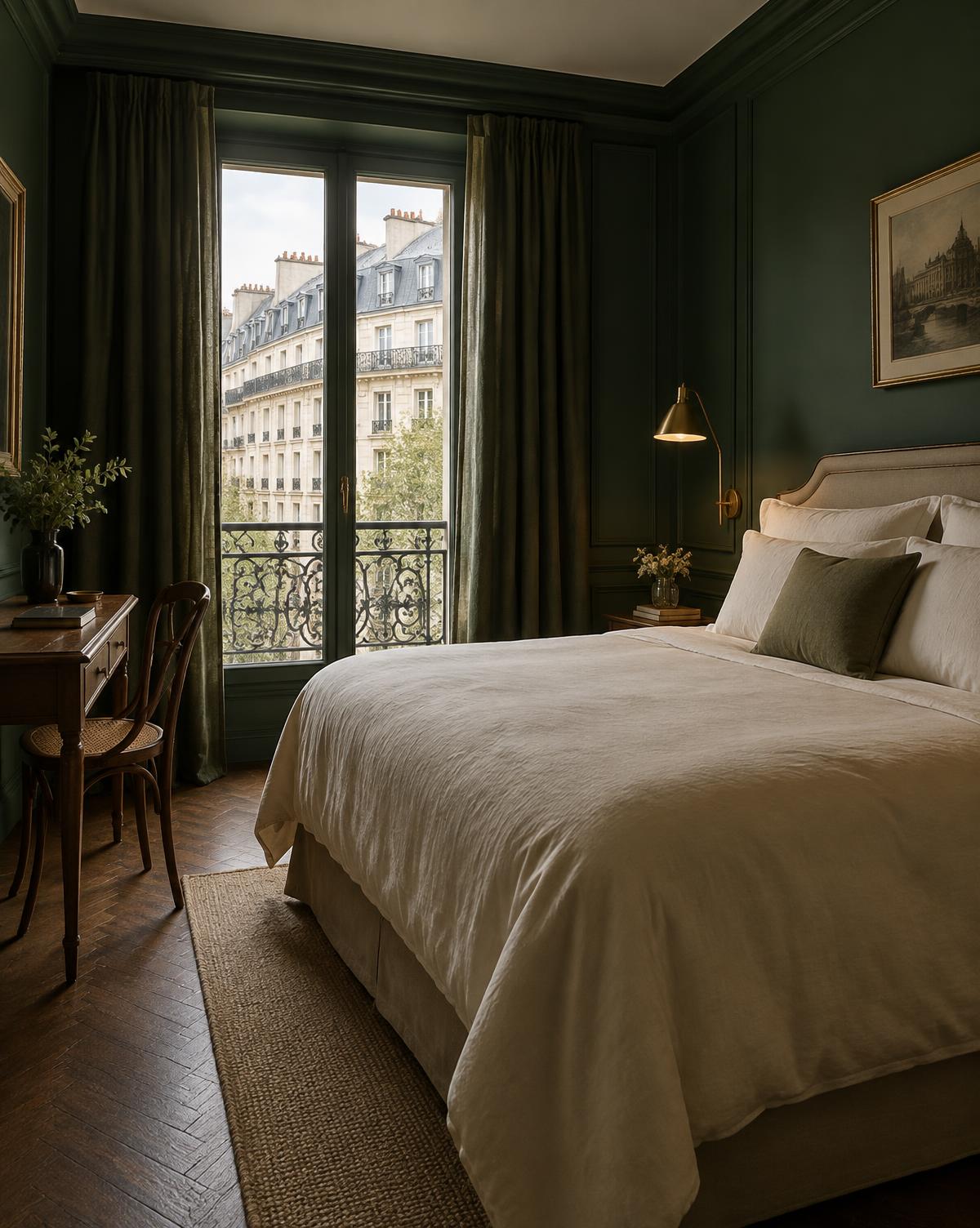 Chambre Rive Gauche aux murs vert profond, lit en lin ivoire et balcon parisien