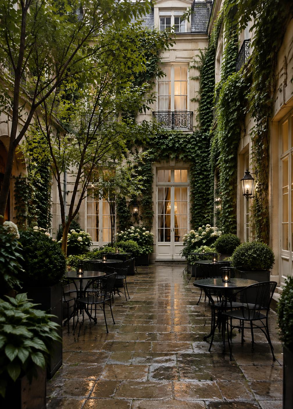 Cour parisienne arborée de la Maison Vesper après la pluie