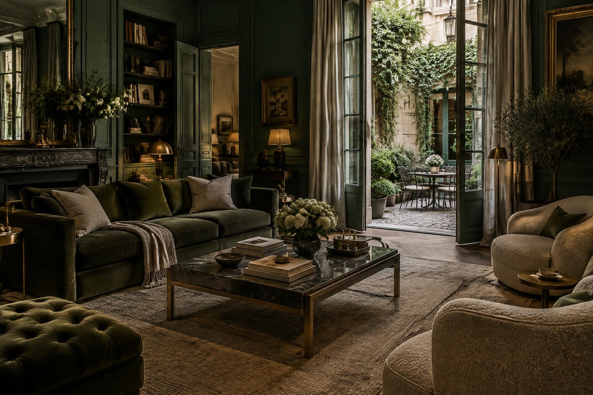 Salon feutré de Maison Vesper ouvert sur une cour parisienne végétalisée