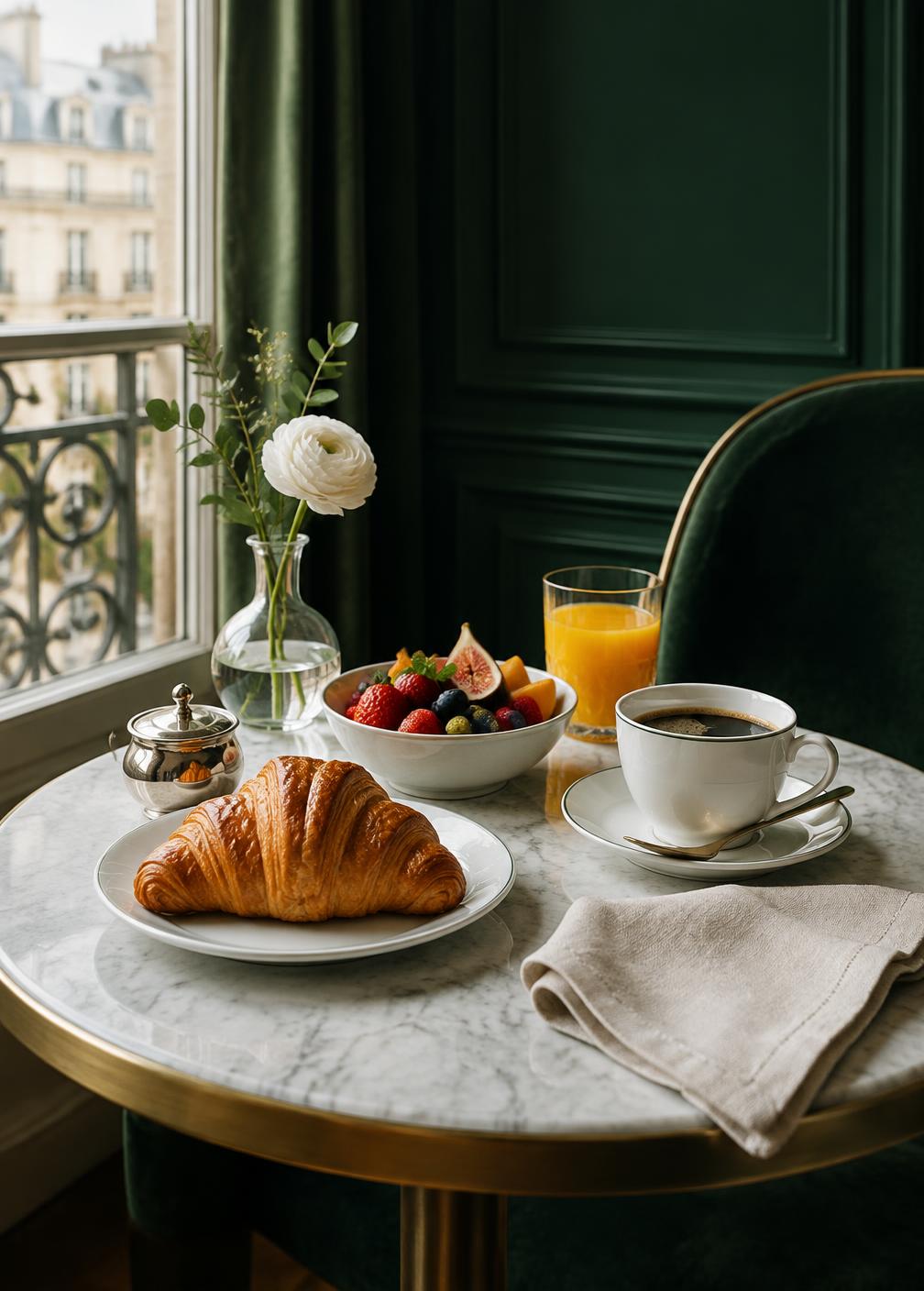 Petit-déjeuner parisien servi sur une table de marbre
