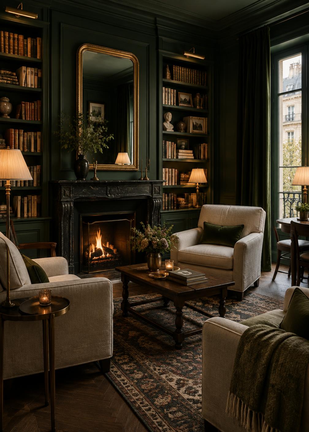 Salon bibliothèque vert sombre avec cheminée allumée